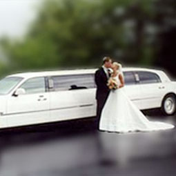 Bride and groom next to a limo